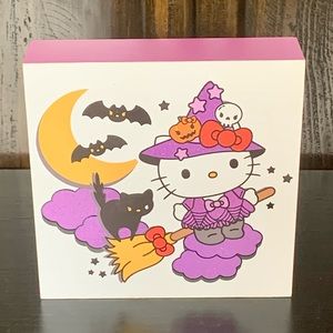 Hello Kitty Witch on Broom with Black Cat Wall Hanging Halloween Block Sign